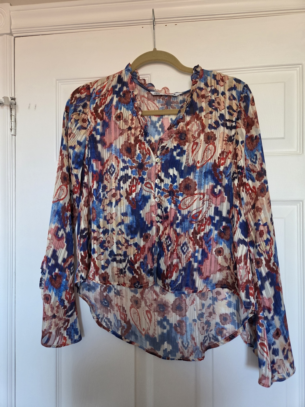 Zara Multicolor Floral Ikat Long-Sleeve Blouse - Blue, Pink, Rust